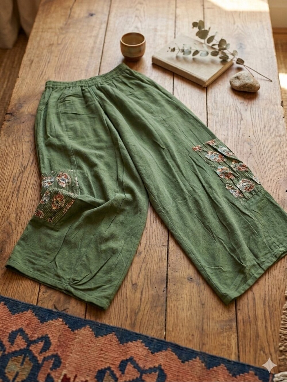 Olive Green Wide-Leg Woman’s Linen Pants with Patch Details